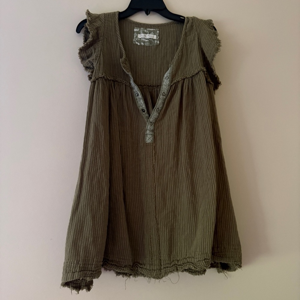Free People We The Free Olive Pinstripe Raw Hem Tunic Top Small